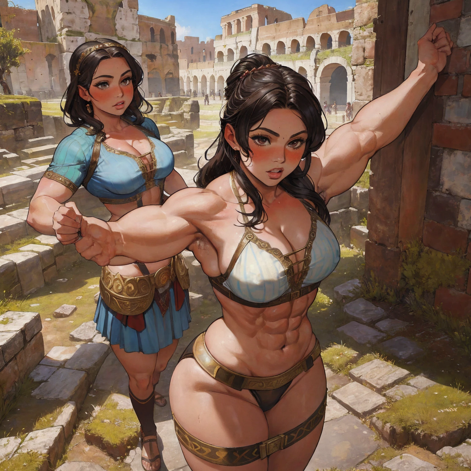 ancient rome, roman villa background, group of young girls, female gladiators, young, s, muscular, athletic, buff, attractive, curvy, powerful, varied ethnicities, incase, painterly style,