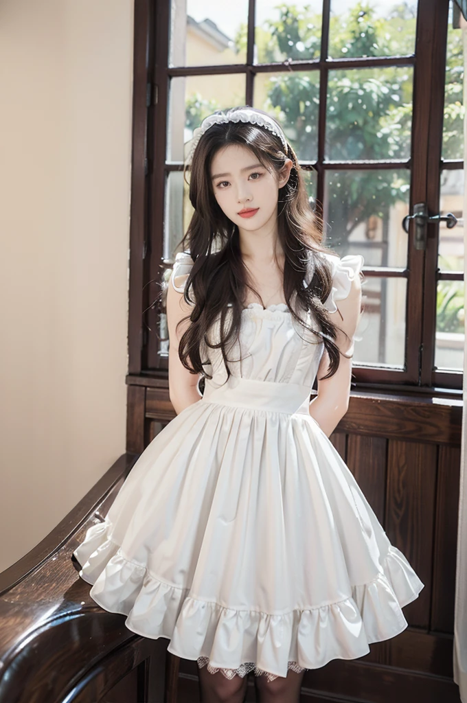 (((best quality))),(((ultra detailed))),(((masterpiece))),illustration,1girl,maid cafe,stunningly beautiful,slim,medium straight bob hair,flat chest,deep captivating eyes,maid costume,short see through lace apron,bare arms,arms behind back,slender legs,pantyhose,graceful movements,confident charm,warm genuine smile,France cafe,sliding paper doors,delicious coffee pastries,warm inviting atmosphere,joyful eyes,Coffee Machine,upper body