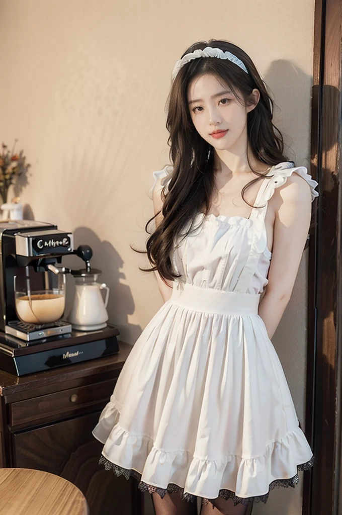 (((best quality))),(((ultra detailed))),(((masterpiece))),illustration,1girl,maid cafe,stunningly beautiful,slim,medium straight bob hair,flat chest,deep captivating eyes,maid costume,short see through lace apron,bare arms,arms behind back,slender legs,pantyhose,graceful movements,confident charm,warm genuine smile,France cafe,sliding paper doors,delicious coffee pastries,warm inviting atmosphere,joyful eyes,Coffee Machine,upper body