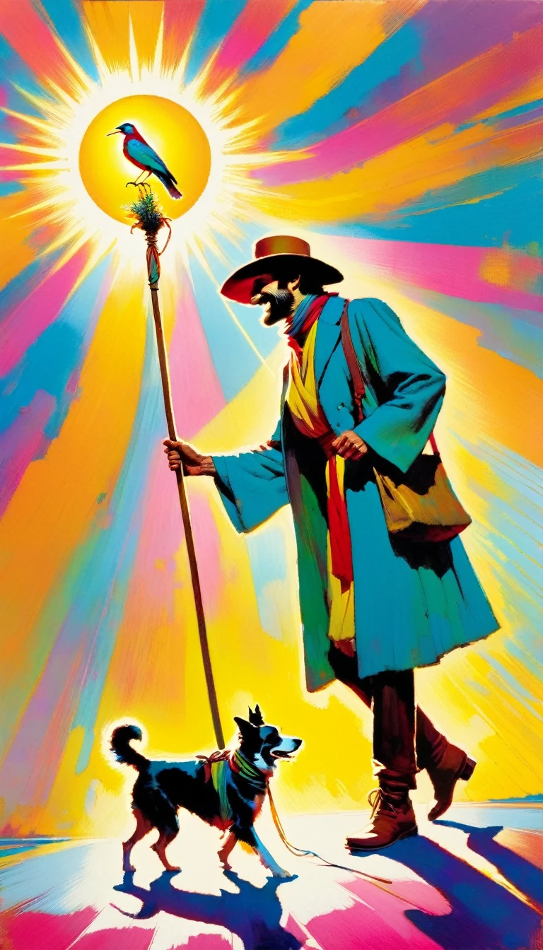 tarot card, the fool, happy man next to a dog walks with a bag tied to a stick, bright sun, tarot card frames ((text on card: "EL LOCO")) (art inspired by Bill Sienkiewicz). bright colors, oil painting)