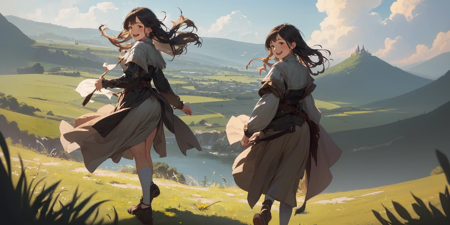 Anime girl in a long dress and a girl in a long dress walking up the hill, Artjam and Athi Gairan, Krentz Kuschaert and Wenjun Lin, Gweiz-style artwork, guweiz on pixiv artstation, Guweiz on ArtStation Pixiv, WLOP and Sakimi-chan