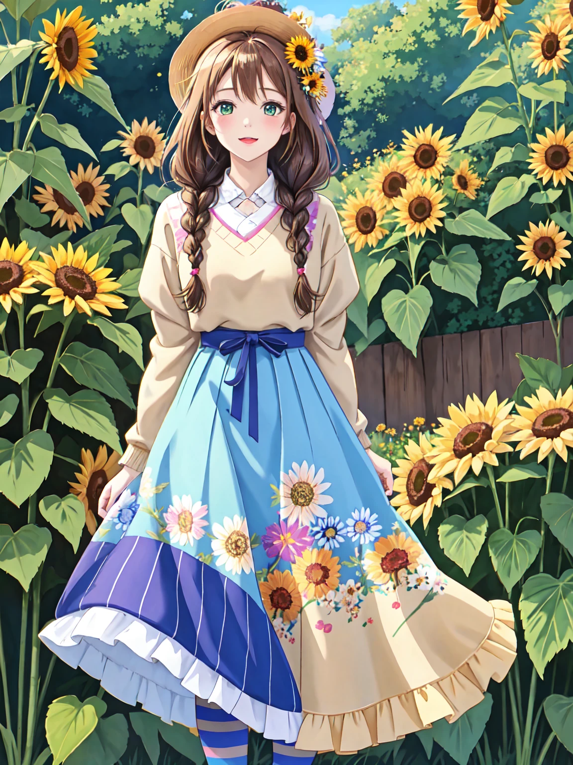 anime illustration in the style of cute, an elegant and beautiful girl with long brown hair in braids wears colorful striped tights under a straw hat decorated with flowers, she has green eyes and is wearing a rainbow colored sweater. the background depicts a magical garden filled with blooming sunflowers and daisies, full body, delicate and fine art style, cute and dreamy mood, soft lighting, vibrant colors, digital painting --ar 3:4 --niji 6