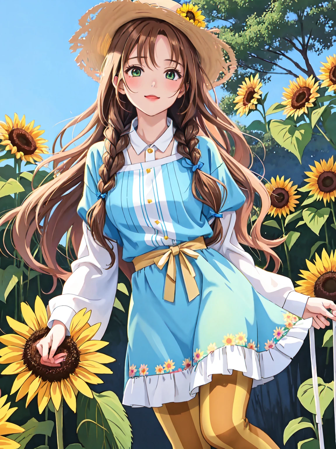 anime illustration in the style of cute, an elegant and beautiful girl with long brown hair in braids wears colorful striped tights under a straw hat decorated with flowers, she has green eyes and is wearing a rainbow colored sweater. the background depicts a magical garden filled with blooming sunflowers and daisies, full body, delicate and fine art style, cute and dreamy mood, soft lighting, vibrant colors, digital painting --ar 3:4 --niji 6