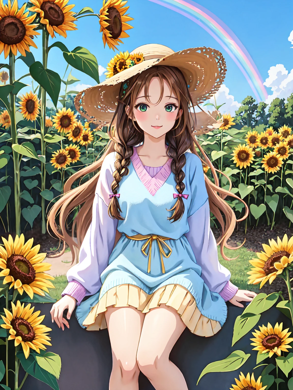 anime illustration in the style of cute, an elegant and beautiful girl with long brown hair in braids wears colorful striped tights under a straw hat decorated with flowers, she has green eyes and is wearing a rainbow colored sweater. the background depicts a magical garden filled with blooming sunflowers and daisies, full body, delicate and fine art style, cute and dreamy mood, soft lighting, vibrant colors, digital painting --ar 3:4 --niji 6