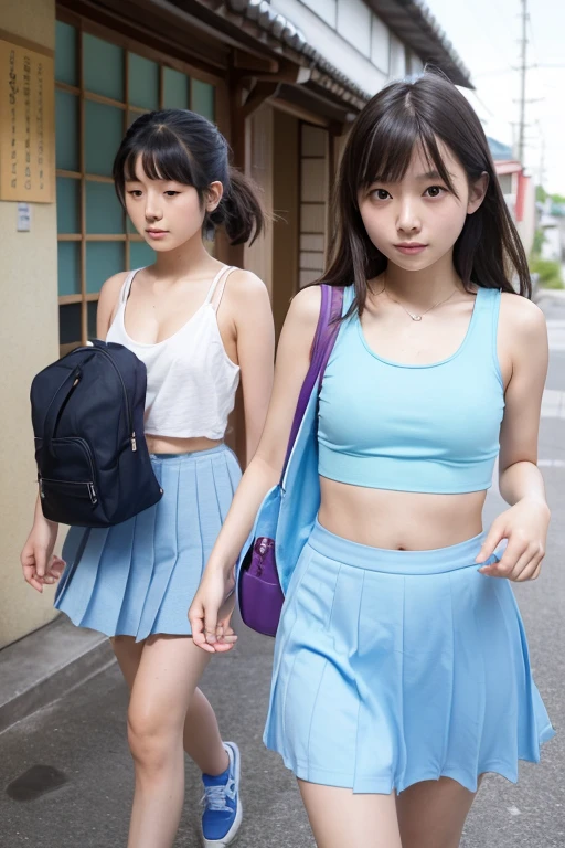 (Two 20-year-old Japanese elementary school girls), 110cm tall with small titsed, (Flat chest), wearing baby blue micro , baby blue micro mini tank tops (navel-baring), carrying school bags, and peeing on the way to school,
