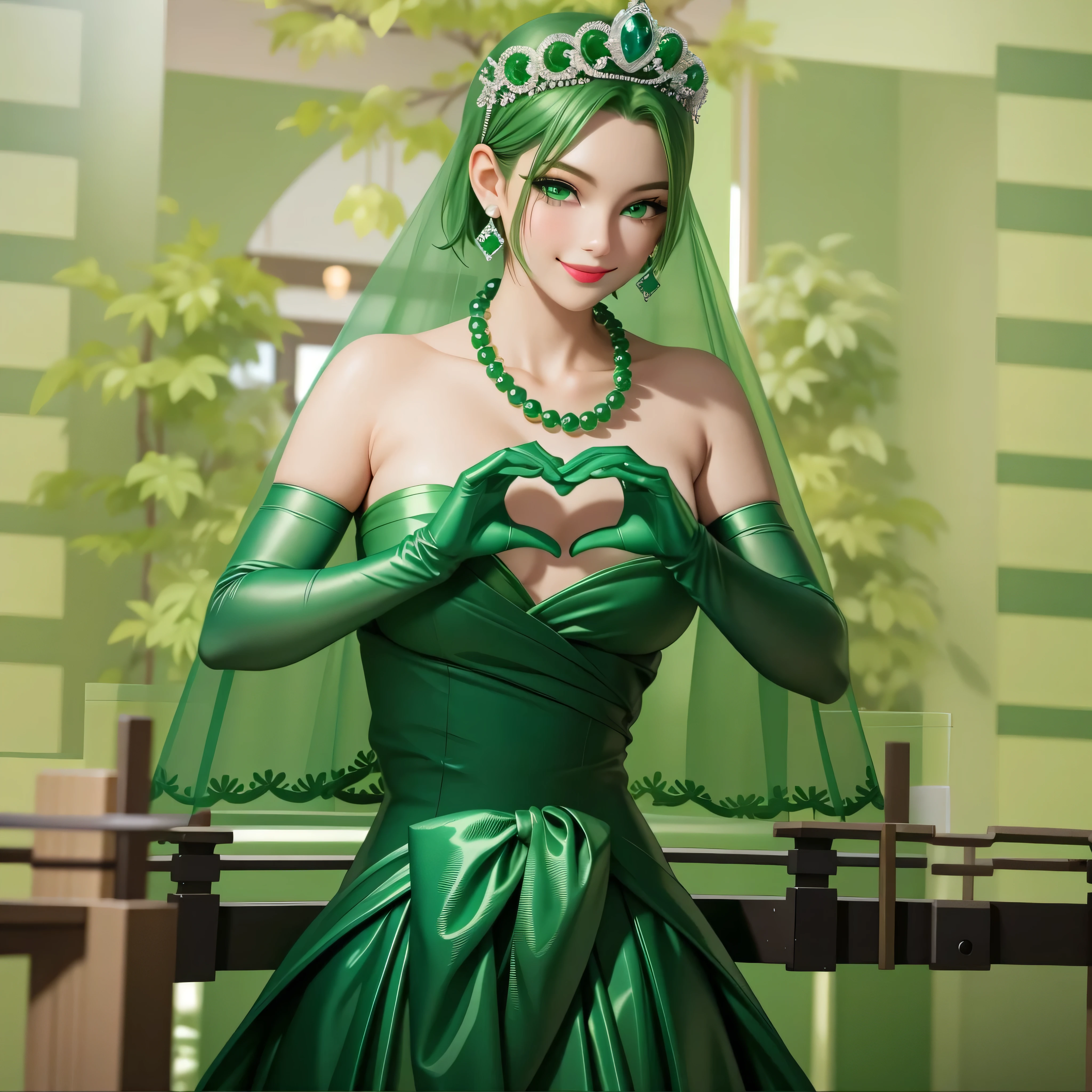 emerald tiara, Green Pearl Necklace, Boyish very short green hair, Green Lips, Smiling Japanese woman, Very short hair, Busty beautiful lady, Green Eyes, Green satin long gloves, Green Eyes, Emerald Earrings, Green veil, Heart with both hands, Green Hair, Beautiful Japanese Women, Heart shaped hands:1.3, green lip gloss