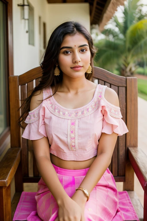 Portrait of A confident-looking indian girl with long flowing hair, hazel eyes, fair composition, detailed fingers, hyperrealistic, super detailed, 8k, super high quality, trending art, lehenga choli, pink dress, showing hip, medium breasts, day light, sun