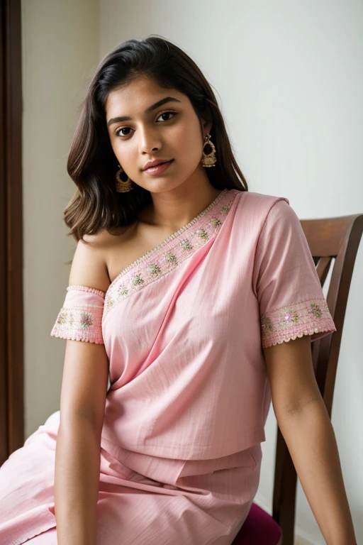 ((best quality)), ((masterpiece)), (detailed),
Indian 1girl, pink shoulder shirts , sitting on chair