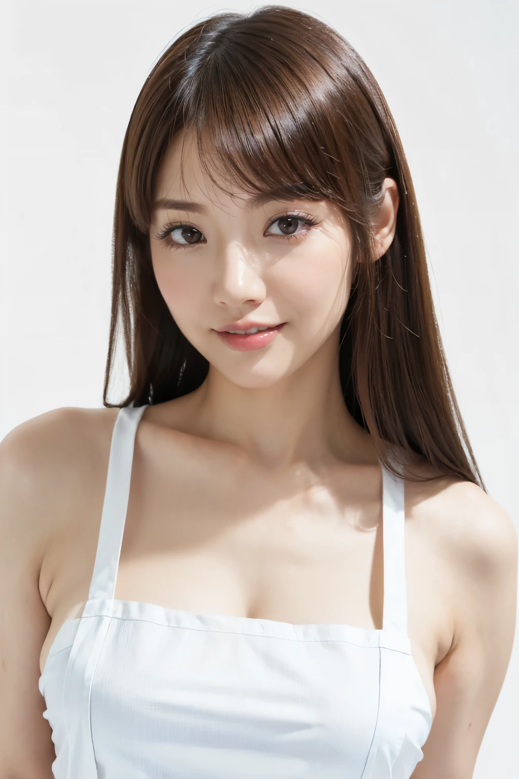 (Highest quality、Tabletop、8K、Best image quality、Award-winning works)、One perfect beautiful mature woman、Perfect beautiful face、(Naked and apron:1.2)、(Perfect apron:1.3)、Perfect beauty portrait、Glowing Skin、Brown Hair、(Large Breasts:1.3)、(Cleavage:1.1)、(Slender body:1.1)、(Accentuate your body lines:1.1)、Standing Elegantly、Front facing body、Stand upright、(Face close-up:1.4)、Woman looking up at me、Beautiful Smile、(The simplest solid white background:1.5)