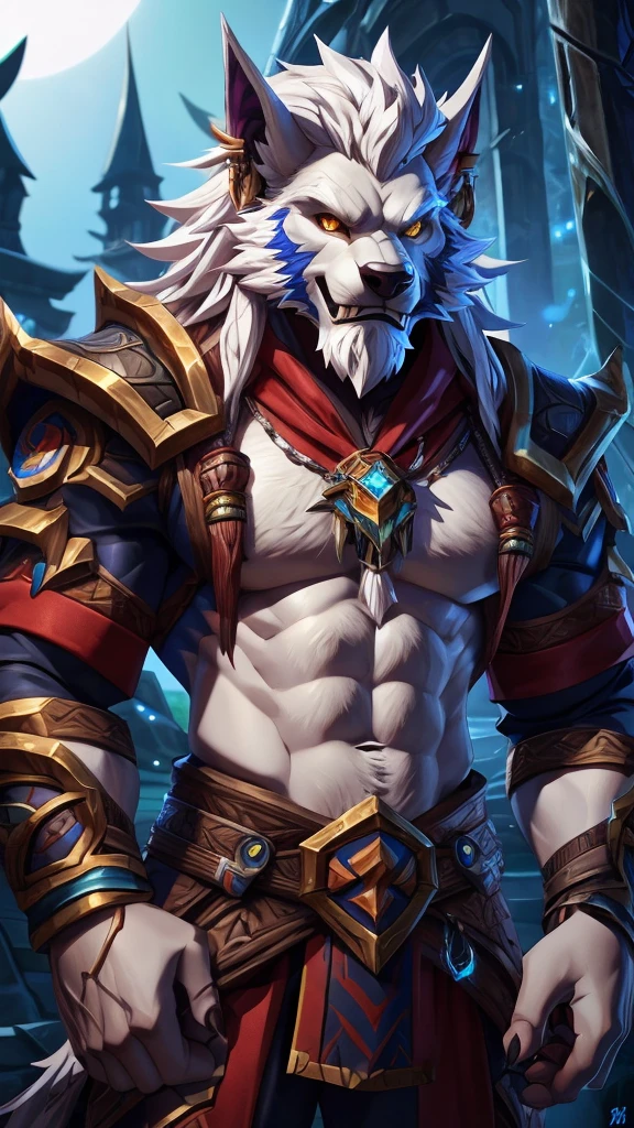 4K, high resolution, Posted on e621 (patto art style),Official Fanart, World of Warcraft同人画, Furry Art, high resolution佣金, World of Warcraft风格, Detailed key animation art, Strong, Full body portrait, （Realistic eye details: 1:2), High Detail, high quality, (best quality,4K,high resolution,masterpiece:1.2),Reference Blizzard Games《World of Warcraft》Genn Greymane，Werewolf，Absolutely pure white hair，Golden eyes