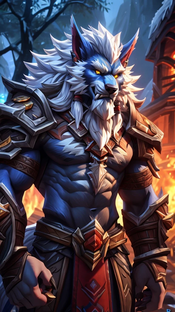 4K, high resolution, Posted on e621 (patto art style),Official Fanart, World of Warcraft同人画, Furry Art, high resolution佣金, World of Warcraft风格, Detailed key animation art, Strong, Full body portrait, （Realistic eye details: 1:2), High Detail, high quality, (best quality,4K,high resolution,masterpiece:1.2),Reference Blizzard Games《World of Warcraft》Genn Greymane，Werewolf，Absolutely pure white hair，Golden eyes