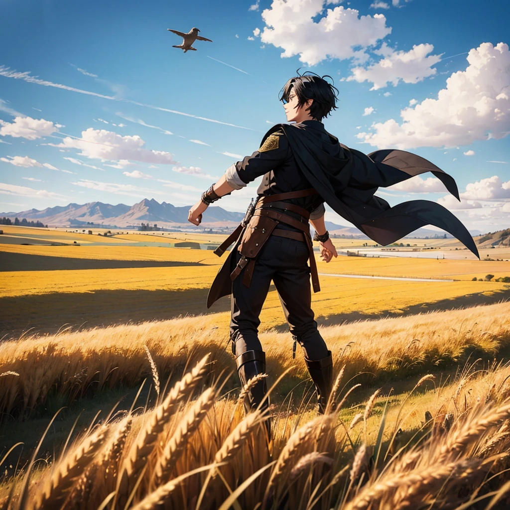 In a meadow stands black hair boy with medieval adventurer outfit
BREAK
Behind him, a wheat field stretches out and beyond that, dragon flying in the distance.