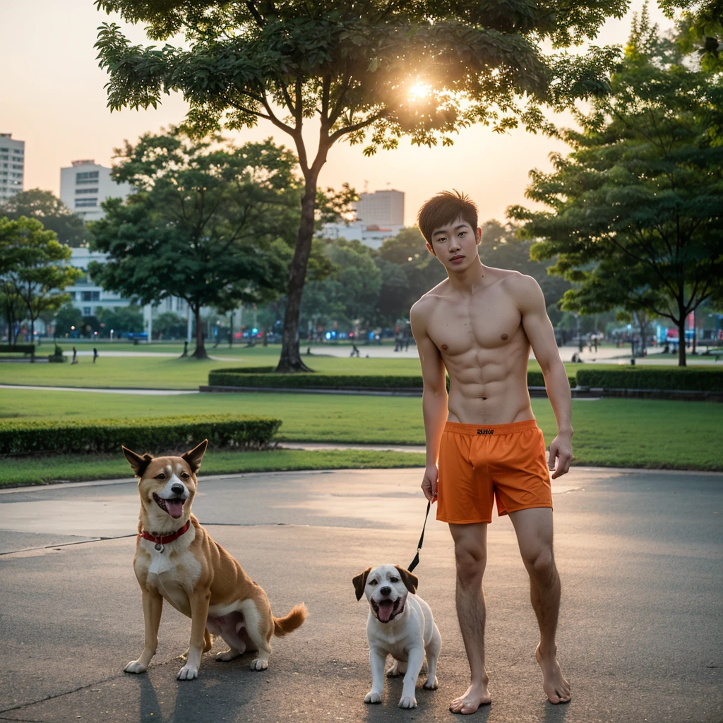 Full body shot wide angle shot Korean guy ,shirtless, skinny fat body,wearing only tanga light orange underwear, shirtless,play Frisbee with dog,at Sanam Luang park Bangkok, tree sunset