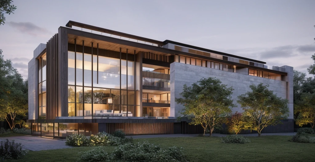 modern house, large yard, beautiful view, surrounding trees, (Single storey house planlat roofs,large windows,wood materials,concrete and glass,glass railings,surrounded by trees,lawn ,large sliding glass doors, large outdoor fireplace, beautiful flat roof, linear straight line, sunset light, neutral colored lights, beautiful, cloudy sky, landscape,plain terrain, RAW photo, subject, 8k uhd, dslr, soft lighting, high quality, film grain, Fujifilm XT3