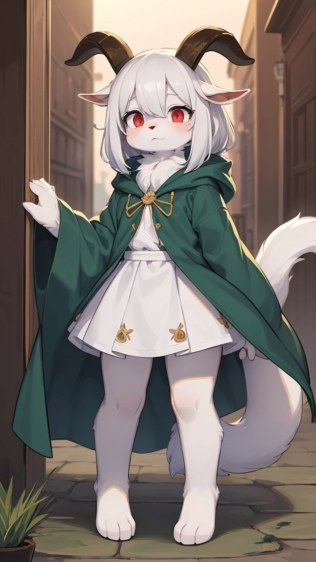 Rori the fox, riding on wolf, was hairy, shaggy, skin fur, smooth lashes, white fur, forelimb hands, straight long white hair, solid circle eyes, ((goat horns)), white facial fur, shiny hair, red eyes, super cute face, 1goat tail, fluffy tail, furry tail, glowing eyes, green cloak, white skirt, standing, sad face, ambient light, ultra-fine fur, dashed eyes, full body, masterpiece, high quality, high-details, best quality, wide short, (((solo)))