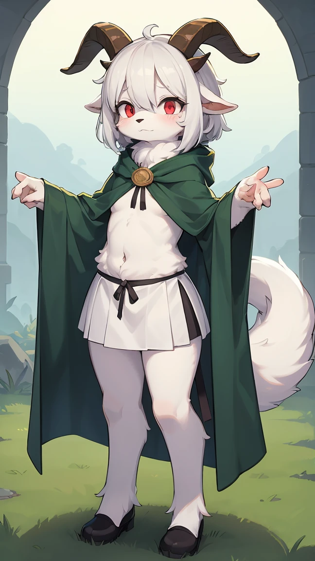 Rori the fox, riding on wolf, was hairy, shaggy, skin fur, smooth lashes, white fur, forelimb hands, straight long white hair, solid circle eyes, ((goat horns)), white facial fur, shiny hair, red eyes, super cute face, 1goat tail, fluffy tail, furry tail, glowing eyes, green cloak, white skirt, standing, sad face, ambient light, ultra-fine fur, dashed eyes, full body, masterpiece, high quality, high-details, best quality, wide short, (((solo)))