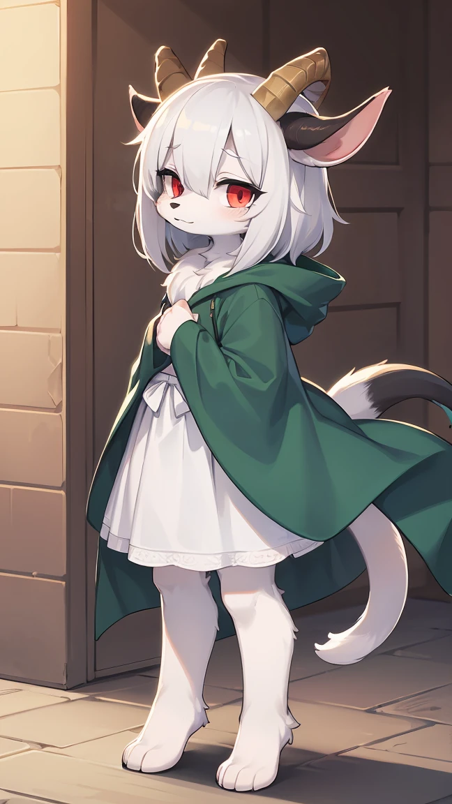 Rori the fox, riding on wolf, was hairy, shaggy, skin fur, smooth lashes, white fur, forelimb hands, straight long white hair, solid circle eyes, ((goat horns)), white facial fur, shiny hair, red eyes, super cute face, 1goat tail, fluffy tail, furry tail, glowing eyes, green cloak, white skirt, standing, sad face, ambient light, ultra-fine fur, dashed eyes, full body, masterpiece, high quality, high-details, best quality, wide short, (((solo)))