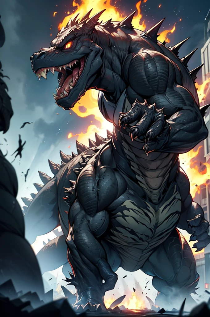 llustrate a monstrous fusion of Venom and Godzilla. The creature stands as tall as Godzilla, with a muscular, reptilian body covered in Venom's black, oozy symbiotic substance. Its head is a blend of Godzilla's dinosaur-like features and Venom's terrifying grin and long tongue. The eyes are large, white, and menacing. The dorsal plates on its back are jagged and appear to be formed from symbiotic material, capable of movement. The scene is set in a destroyed city at night, with smoke and fire highlighting the creature's menacing presence."