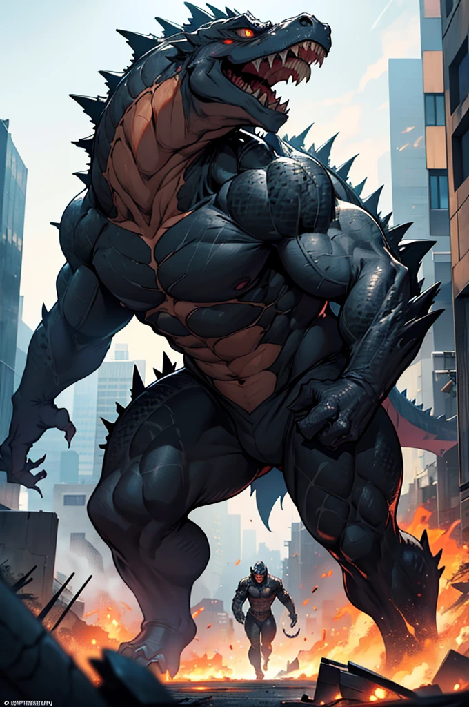 low angle view, down to top view, perspective, perfect framing, cinematic shot, cinematic framing, on horizon line, horizon visible, wide shot, macro, extremely tall, incredibly huge, insane height, in tiny city, gray countershade, black bara godzilla, dark velvet highlights, strong physique, red highlights, red colored eyes, black sclera, very muscular, perfect anatomy, nipple piercings, solo, masterpiece, thick thighs, giant biceps, in water, standing in water , strong physique, glowing eyes, very muscular, perfect anatomy, full body view in frame, nipple piercings, muscular, feet shown, 5 fingers, sweat, amazing shading, clear focus, great lighting, super detailed, strong pose, 8K, colorful, vivid color, digital art, character design, great character design, design concept, standing, standing pose, very detailed eyes, abs, (detailed:1.5), simple background, loincloth, worms eye view, by zackary911, by SligarTheTiger, by Shibziroo,  by meesh, by nightterror,
