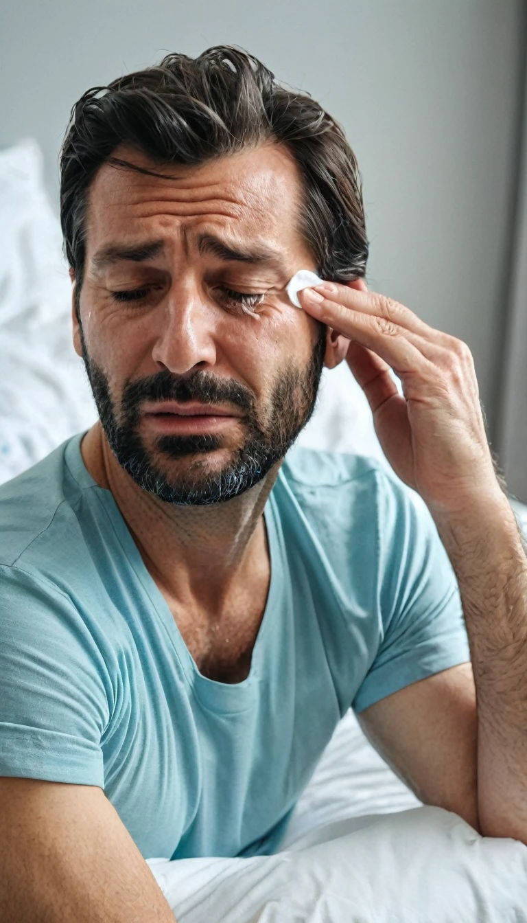 A 35 year old European man was sitting on the patient's bed wiping tears from his face