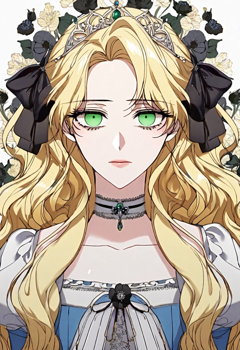 shoujo-style, floral background, romance manhwa, 1girl, blonde hair, solo, long hair, flower, dress, tiara, white dress, gloves, long sleeves, choker, green eyes, mascara, makeup, white gloves, black bow, black flower, wavy hair, bow, jewelry, looking at viewer, white background, collarbone, puffy sleeves, silver accessories, upper body, parted bangs, very long hair, blue dress, frills, bangs, closed mouth, detailed eyes, (close up), gleaming skin, shiny glossy skin