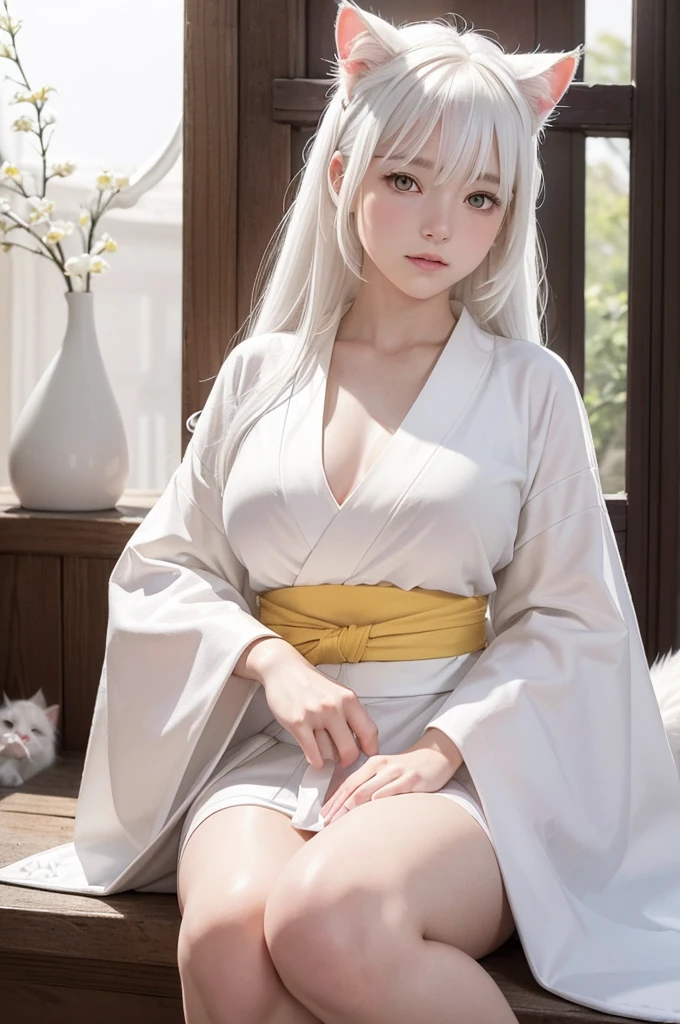 in 8in 8K,top-quality,Real Image,intricate detailes,超A high resolution,Depth Field,masuter piece,natural soft light,profetional lighting,1 girl in,(cute little:1.2),an extremely beautiful -yeld giA detailed eye,I can see panties,Delicate thighs visible from the front, ((white hair:1.5, white cat ears:1.8, long hair:1.8, front fringe, yellow eyes:1.5, medium breasts, white kimono:1.5), snow tree, sexy pose, full body, outdoor:1.5, 