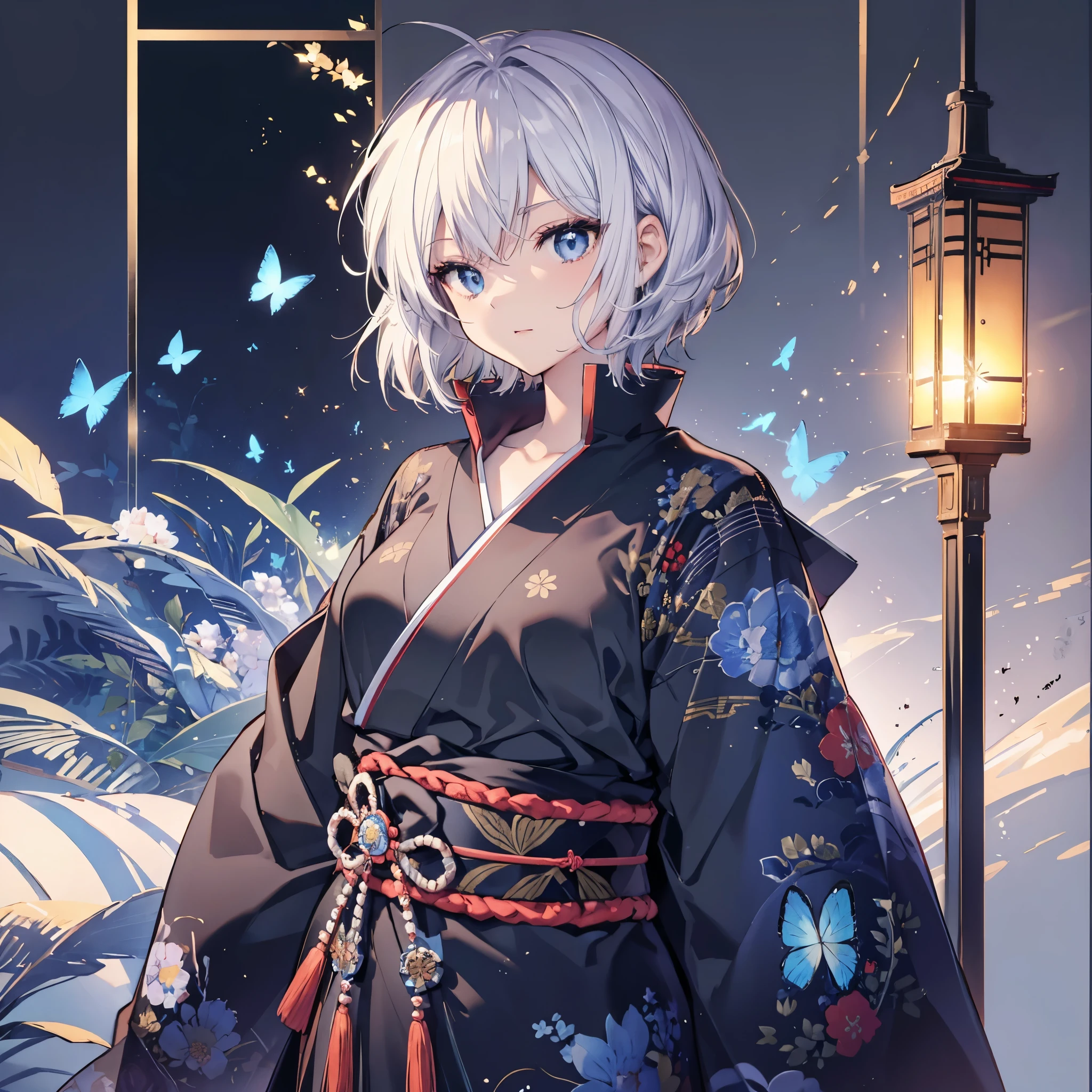 (((1 person))) ((High resolution Gray Hair short hair Black kimono Shoulder knifeを胸の前で構える)) ((Black Band samurai Military commander military commander Lonely despair blue eyes)) ((Blue Butterfly night Japanese style old Shining Aura garden water surface Catch the wind)) (dance 日本knife knife Slashing) moonlight star Draw your sword Shining Background Shining Edge