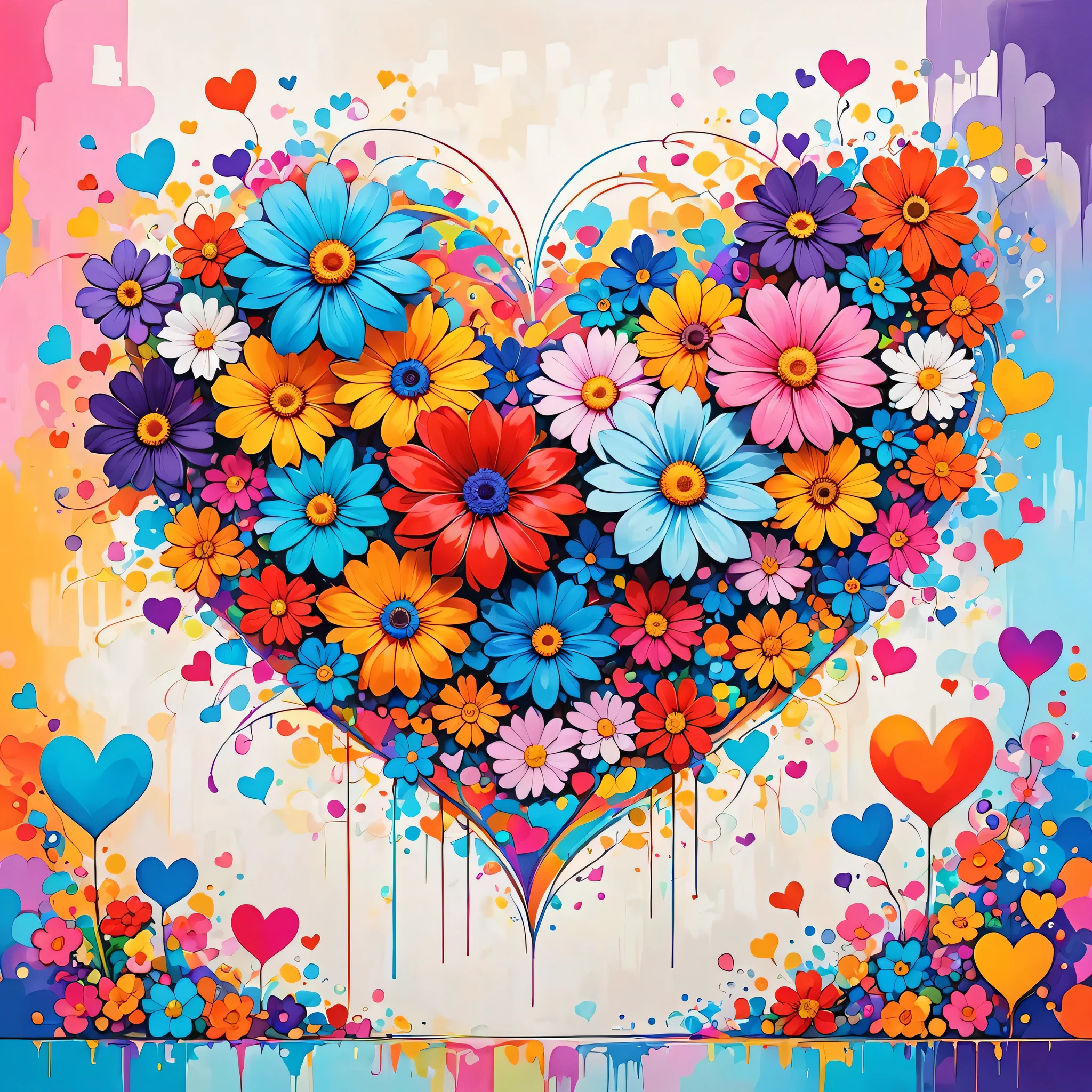 LAM style, Simple Line Initialism，Abstract art，Urban Background, colorful hearts ,colorful flowers, No people, dreams