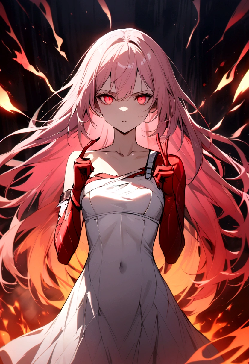 masterpiece, White glowing coral pink hair, long hair, glowing red eyes
Eyes, torn white shoulder strap dress, suspicious atmosphere, eerie,  small breasts, white skirt, thin body, Cool Beauty, red concentrated line background,  collarbone, red energy bullet, fire, starry star scloud colorful, arms, hands, peace sign, finger, nail, skin suit, ,