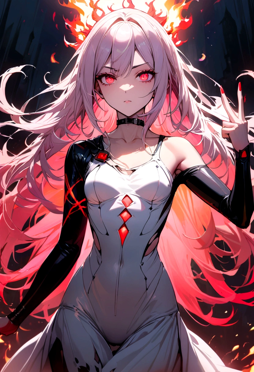 masterpiece, White glowing coral pink hair, long hair, glowing red eyes
Eyes, torn white shoulder strap dress, suspicious atmosphere, eerie, small breasts, white skirt, thin body, Cool Beauty, red concentrated line background, collarbone, red energy bullet, fire, starry star scloud colorful, arms, hands, peace sign, finger, nail, skin suit, ,