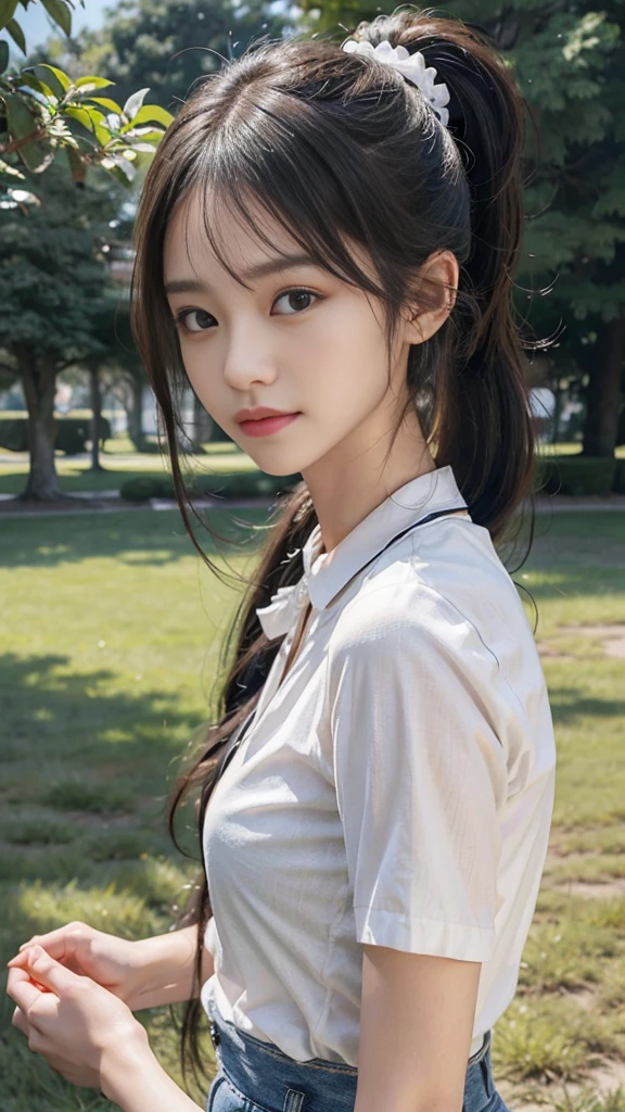 White collared shirt,jeans,Park,On the lawn,Close up face,One woman,masutepiece, The highest image quality, High quality, the background is clear,Beautiful woman, Japanese,Ultra-detailed, finely detail, hight resolution, 8K Wallpaper, Perfect dynamic composition, Beautiful detailed eyes , Detailed, Detailed eyes, Detailed skin, Beautiful skin, 超hight resolution, (reality: 1.4),Very beautiful woman, Slightly younger face, Beautiful skin, slender, (Ultra photo realsisim), (hight resolution), (8K), (Very detailed) (beautifully detailed eyes), (super detailed), (Detailed face), view the viewer, Fine details, Detailed face, Staring straight ahead, Staring straight ahead, photos realistic, Bright lighting, Professional Lighting, Black hair,poneyTail,a baby face,fourteen years old,Hairstyle: ponytail,Long ponytail hairstyle,slight smile,neat and tidy clothing,Beautiful Japanese KPOP idol photo, hair style is ponytail, my eyes are double and wide, baby face, smile and look straight ahead, slender, small breasts,Close up face,