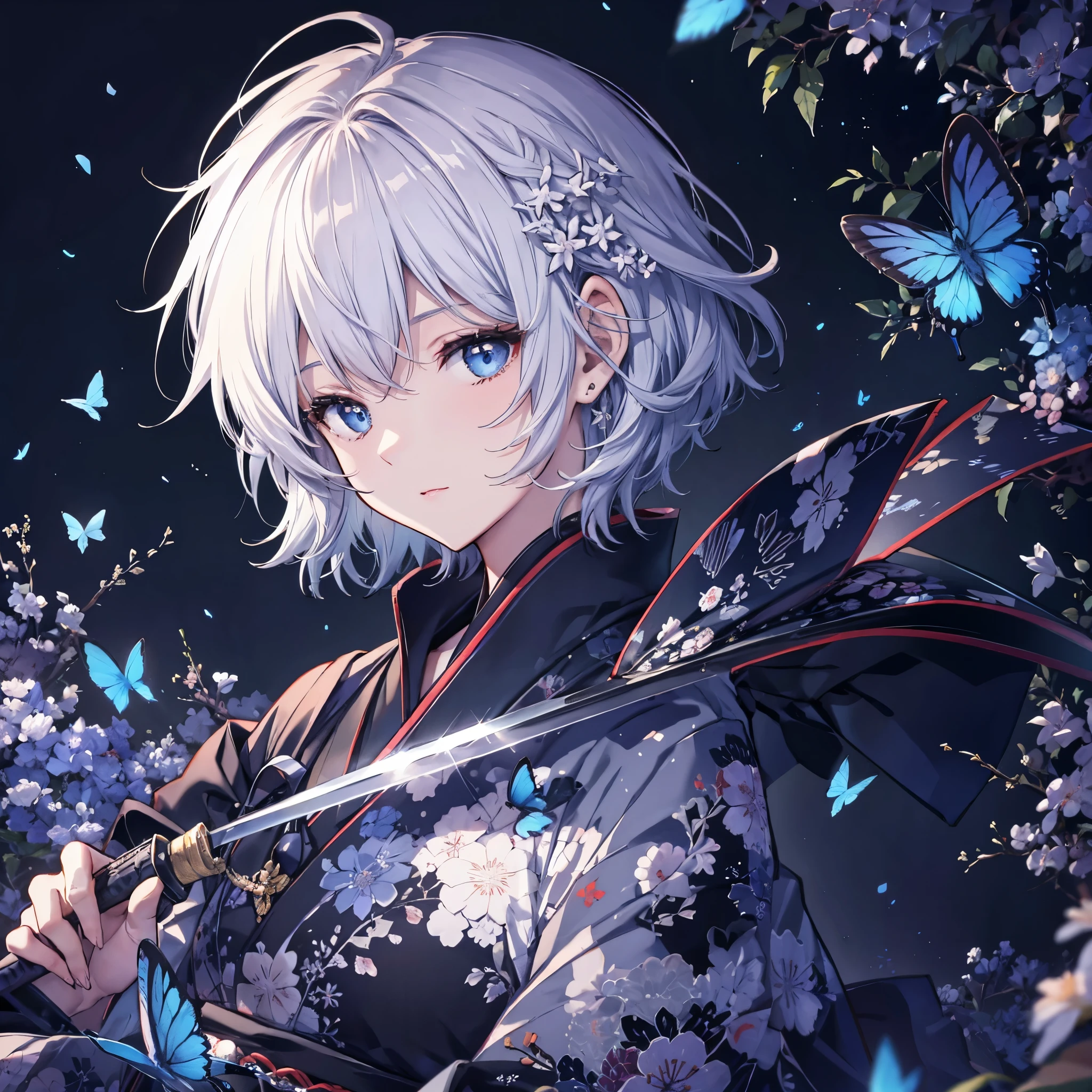 (((1 person)))　((High resolution　Gray Hair　short hair　Black kimono　Shoulder))　((Black Band　samurai　Military commander　military commander　Lonely　despair　blue eyes))　((Blue Butterfly　night　Japanese style　old　Shining Aura　garden　water surface　Catch the wind))　(dance　日本knife　knife　Slashing)　moonlight　star　Draw your sword　Shining Background　Shining Edge