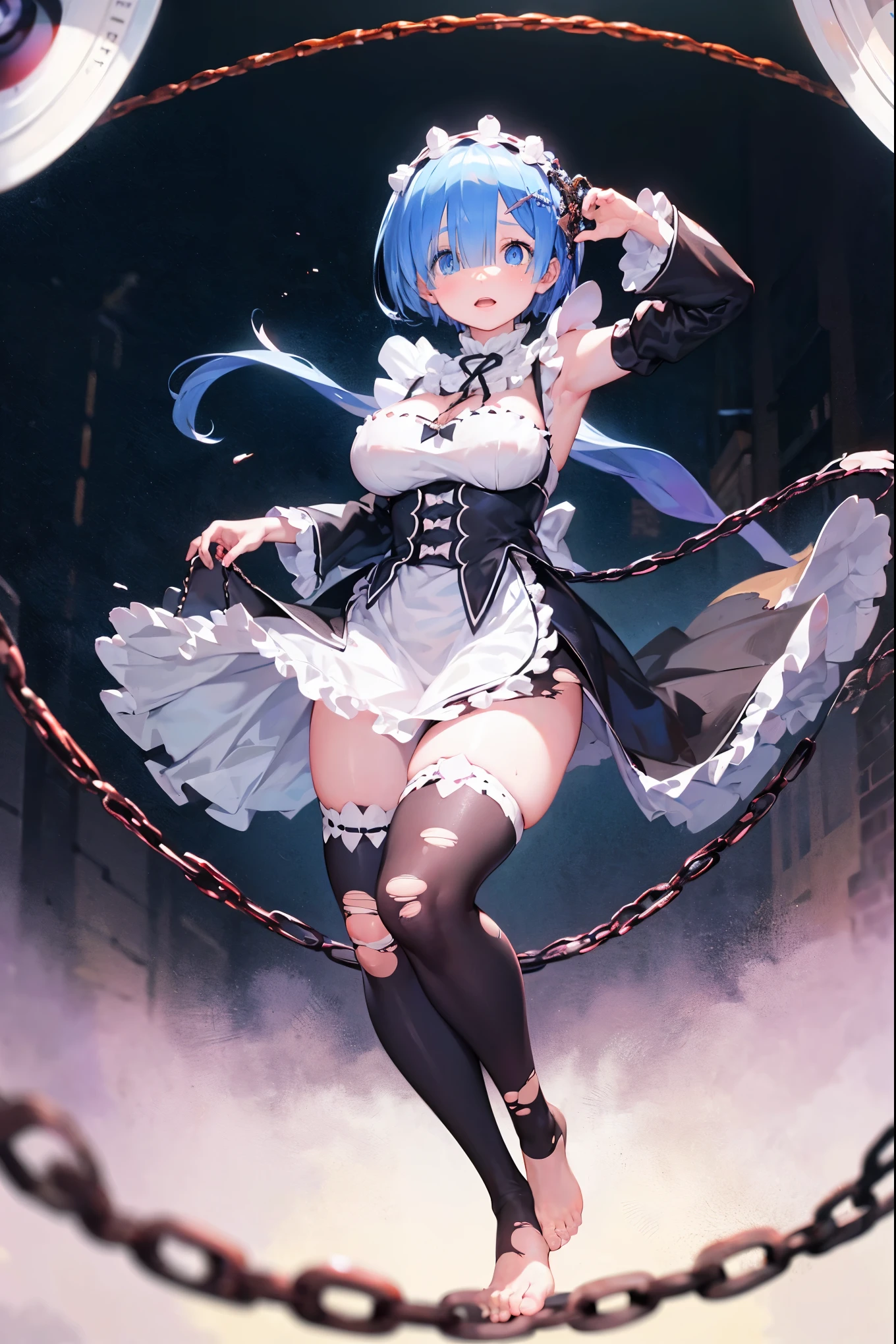 Plump、Show your pants、Fighting Pose、Weapons Morningstar、((Underground Prison))、((The floor beneath my feet is crumbling))、((((Rem in chains)))),(((((Fisheye Lens)))))、((Super huge breasts))、(((Plump thighs)))、(((Rem from Re:Zero)))、looking at the camera、High qualityHigh quality、8ｋ、(((((Full body description)))))、Chest、Fantastic、(((((Torn maid uniform)))))、looking at the cameraで、barefoot、(((Tall Rem)))、Sweat splashes、Clothes are ripped off,(Torn knee-high socks)、