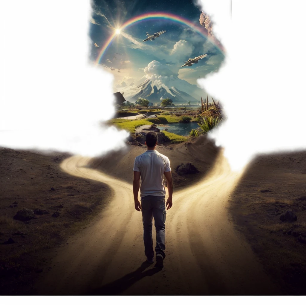 Very real image. There are two paths, one that leads you to destruction where there are volcanoes erupting, earthquakes, tidal waves, poor people. Another path that takes you to spirituality, to happiness, to goodness, to the connection with nature, both paths lead to paradise. Photorealism, full view, very detailed image, very realistic, hyperrealism, Ultra HD, 8k, 5, sharp focus, intricate and mysterious masterpiece. (Long exposure photography Highly detailed close-up portrait art illustration: final quality, medium shot, backlit, rich and striking. Enigmatic and mysterious manipulations (rule of thirds composition), ((detailed environment with strong lines) The best quality, in camera, white light, warm and clean aesthetics, dazzling screen composed of millions of bright ultraviolet rays, HDR.
