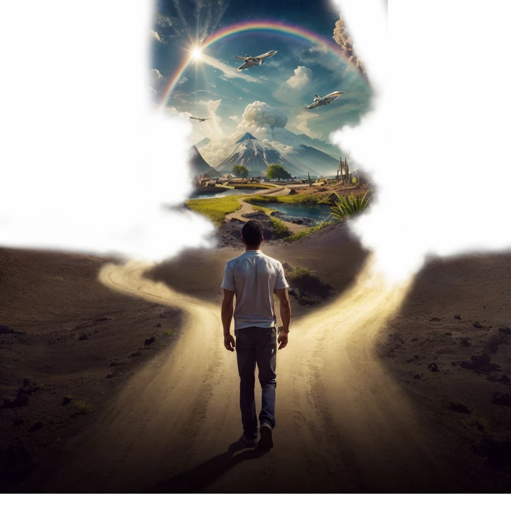 Very real image. There are two paths, one that leads you to destruction where there are volcanoes erupting, earthquakes, tidal waves, poor people. Another path that takes you to spirituality, to happiness, to goodness, to the connection with nature, both paths lead to paradise. Photorealism, full view, very detailed image, very realistic, hyperrealism, Ultra HD, 8k, 5, sharp focus, intricate and mysterious masterpiece. (Long exposure photography Highly detailed close-up portrait art illustration: final quality, medium shot, backlit, rich and striking. Enigmatic and mysterious manipulations (rule of thirds composition), ((detailed environment with strong lines) The best quality, in camera, white light, warm and clean aesthetics, dazzling screen composed of millions of bright ultraviolet rays, HDR.