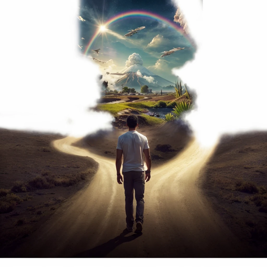 Very real image. There are two paths, one that leads you to destruction where there are volcanoes erupting, earthquakes, tidal waves, poor people. Another path that takes you to spirituality, to happiness, to goodness, to the connection with nature, both paths lead to paradise. Photorealism, full view, very detailed image, very realistic, hyperrealism, Ultra HD, 8k, 5, sharp focus, intricate and mysterious masterpiece. (Long exposure photography Highly detailed close-up portrait art illustration: final quality, medium shot, backlit, rich and striking. Enigmatic and mysterious manipulations (rule of thirds composition), ((detailed environment with strong lines) The best quality, in camera, white light, warm and clean aesthetics, dazzling screen composed of millions of bright ultraviolet rays, HDR.