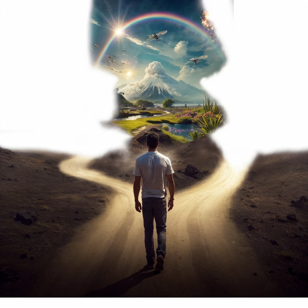 Very real image. There are two paths, one that leads you to destruction where there are volcanoes erupting, earthquakes, tidal waves, poor people. Another path that takes you to spirituality, to happiness, to goodness, to the connection with nature, both paths lead to paradise. Photorealism, full view, very detailed image, very realistic, hyperrealism, Ultra HD, 8k, 5, sharp focus, intricate and mysterious masterpiece. (Long exposure photography Highly detailed close-up portrait art illustration: final quality, medium shot, backlit, rich and striking. Enigmatic and mysterious manipulations (rule of thirds composition), ((detailed environment with strong lines) The best quality, in camera, white light, warm and clean aesthetics, dazzling screen composed of millions of bright ultraviolet rays, HDR.