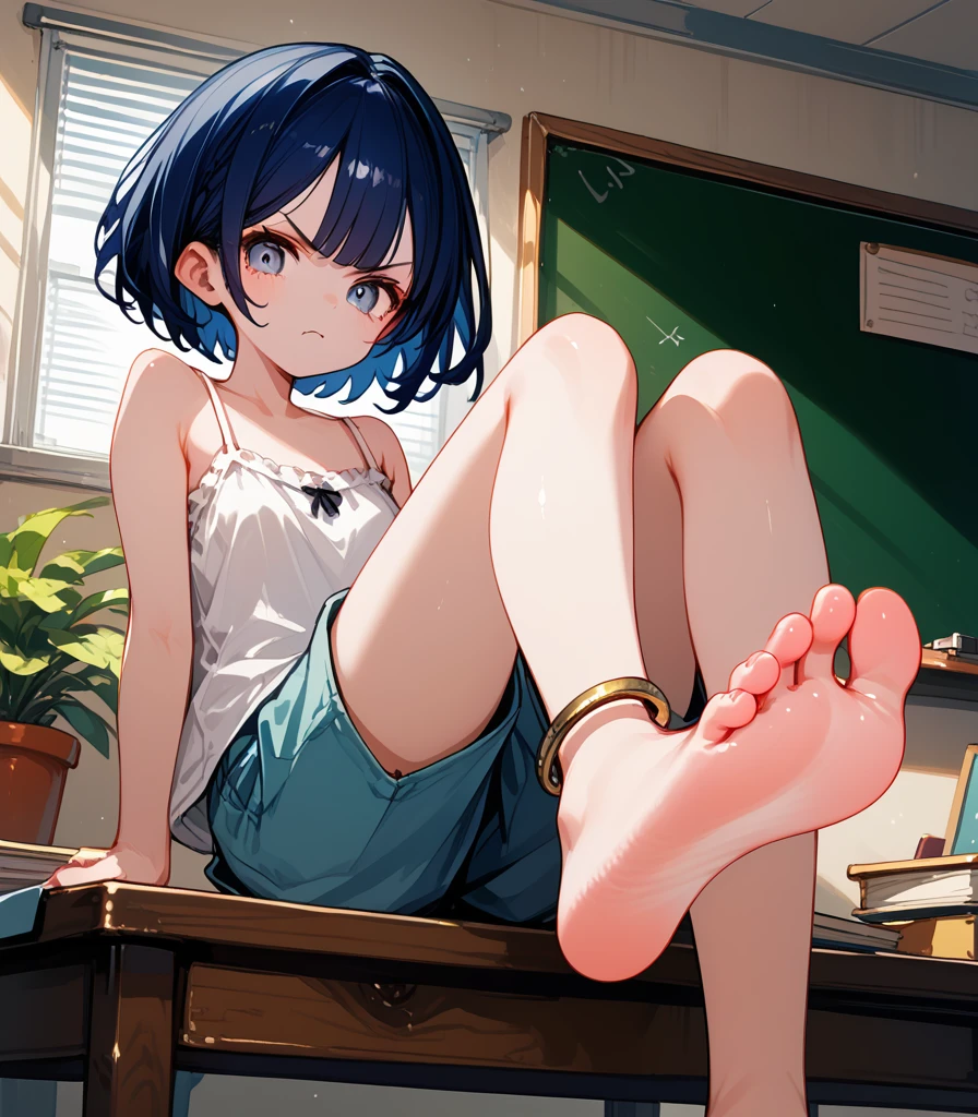 score_9, score_8_up,score_7_up,black hair,baggy camisole,baggy short pants,darkblue hair,wavy short hair,very angry ,desk,sitting on desk,barefoot,foot focus,from below,anklet,bare legs,chalkboard,shiny skin,pale skin,colored toenails,