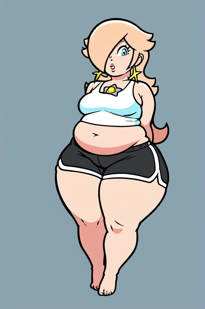 score_9, score_8_up, 2D, flat color, thick outlines, 1girl, solo, rosalina, White tank top, black shorts, ((chubby body)), ((big thighs)), short stack, fat