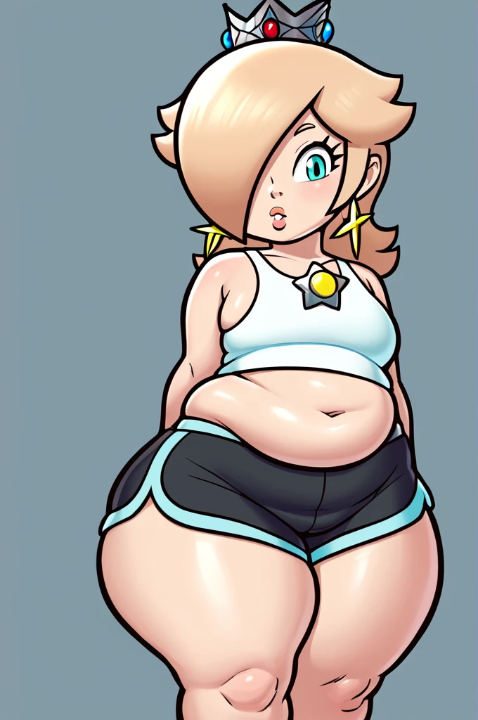 score_9, score_8_up, 2D, flat color, thick outlines, 1girl, solo, rosalina, White tank top, black shorts, ((chubby body)), ((big thighs)), short stack, fat