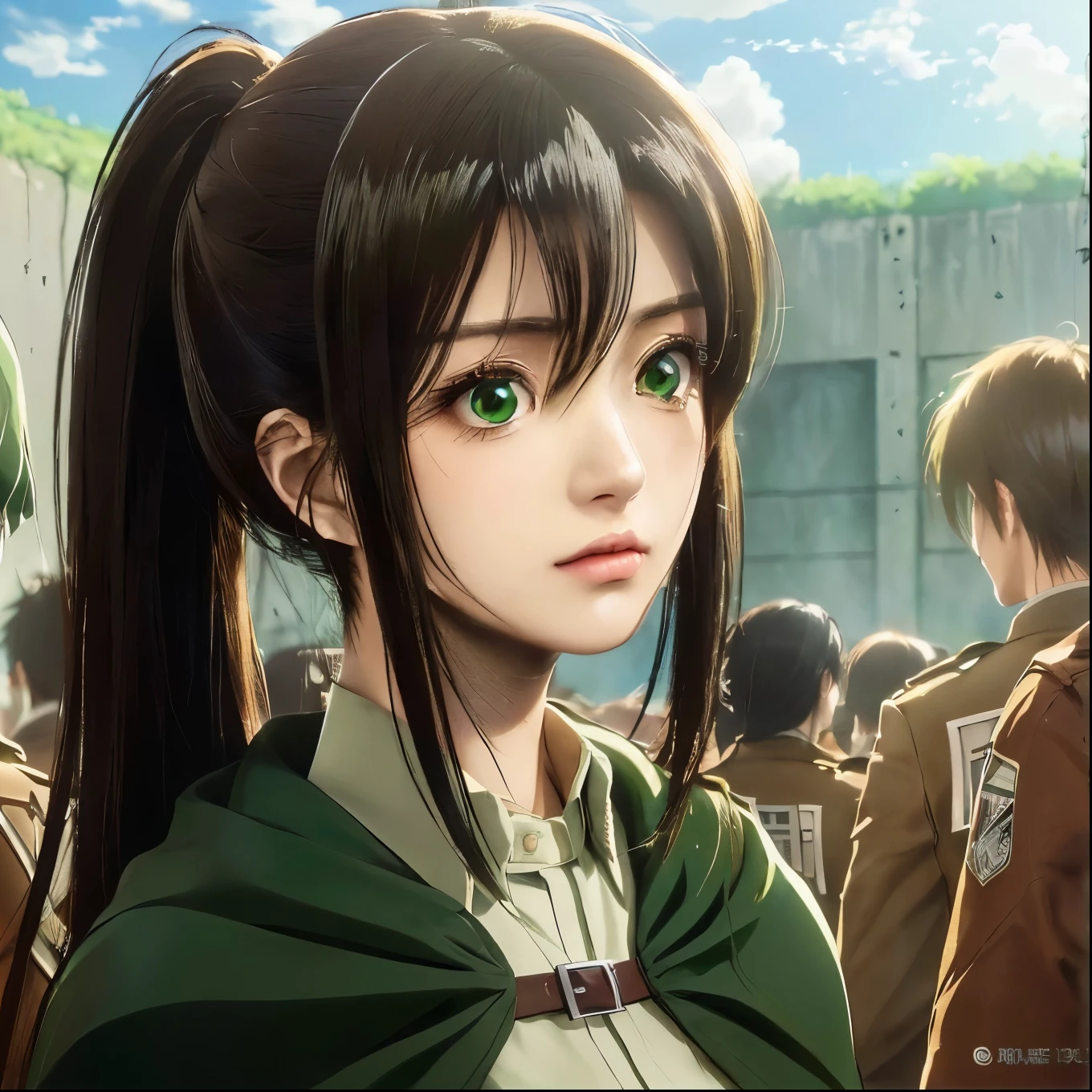 anime image of a woman with long hair and green eyes, from attack on titan, in attack on titan, (attack on titans anime), portrait of eren yeager, shingeki no kyojin, eren yeager, eren jaeger, attack on titans, attack on titan, attack on titan covert art, official art, attack on titan anime style