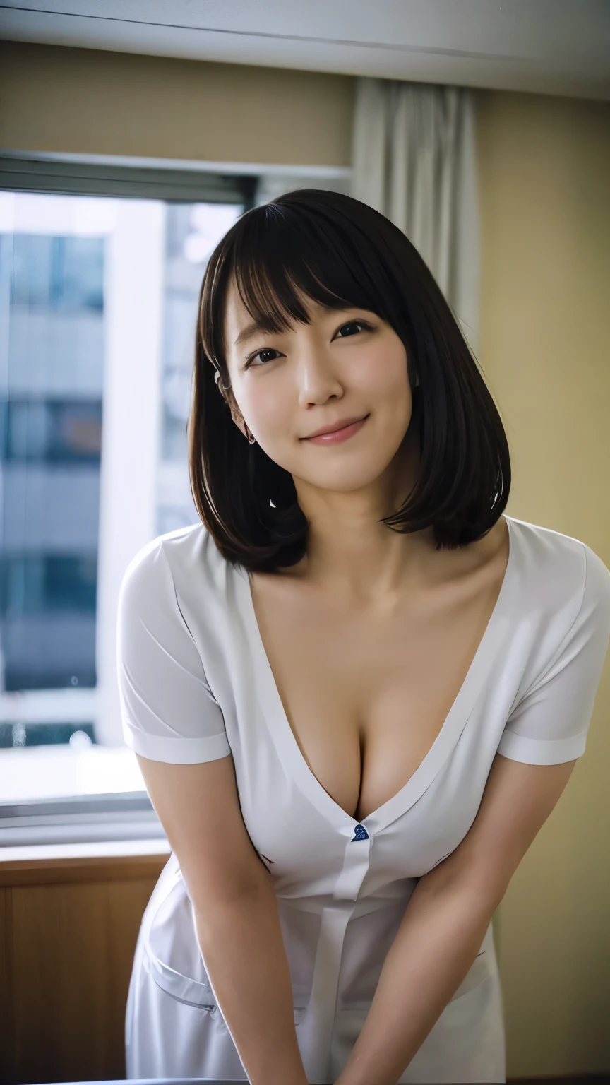 1 female、beauty,Beautiful Face,smile,Crouch down and observe the audience,(nurse cosplay,White:1.4),(Tight clothing、Accentuates body lines:1.2) 、A dignified appearance、(Plump Style),Large Breasts、Cleavage,(Saggy breasts:1.5)、(Cleavage:1.3),Front view,(Focus on the chest:1.3)、(topless:1.2)、Ultra-realistic,Ultra-high resolution,Highest quality,8K,masterpiece,The cutest Yoshioka Riho、Filmed in a hospital room