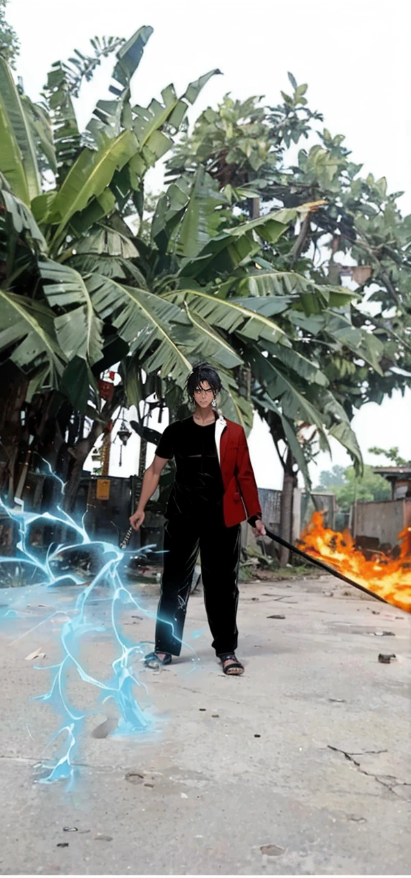 (masterpiece, best quality, highres, ultra-detailed), 1man, male focus, spiky black hair, grey eyes, handsome, detailed eyes and face, male body, earrings, ear piercing,  unbuttoned black blazer, white shirt, trousers, bare collarbones, chain necklace, city slums background, by amano akira, full body, cigarette, cigarette smoke, guy smoking,1guy, masterpiece