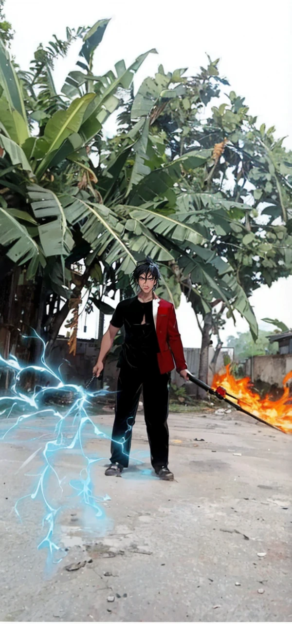 (masterpiece, best quality, highres, ultra-detailed), 1man, male focus, spiky black hair, grey eyes, handsome, detailed eyes and face, male body, earrings, ear piercing,  unbuttoned black blazer, white shirt, trousers, bare collarbones, chain necklace, city slums background, by amano akira, full body, cigarette, cigarette smoke, guy smoking,1guy, masterpiece