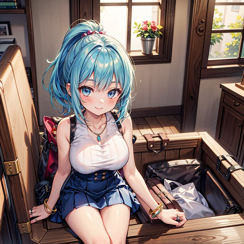 Anime Moe Art Style,Highest quality,High resolution,Anatomically correct,One Girl,Mid-teens,A girl with light blue hair in a ponytail,Super detailed,Fantasy World,Sleeveless blouse,mini skirt,Big Breasts,Shiny skin,Beautiful Skin,A rich expression,smile,A room in an inn,Taking luggage out of the bag and inspecting it,sit,Eyes drawn in detail,hair ornaments,necklace,bracelet,ring,8K