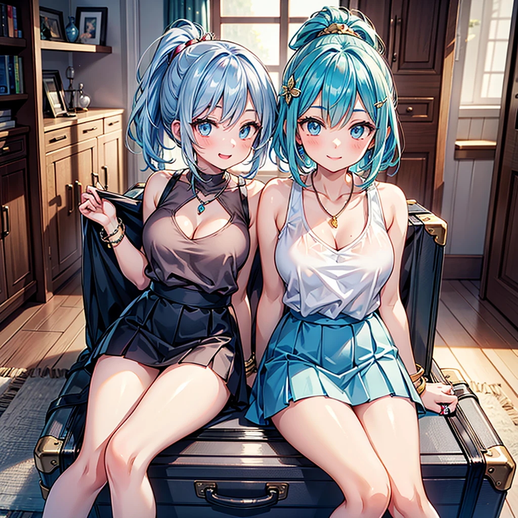 Anime Moe Art Style,Highest quality,High resolution,Anatomically correct,One Girl,Mid-teens,A girl with light blue hair in a ponytail,Super detailed,Fantasy World,Sleeveless blouse,mini skirt,Big Breasts,Shiny skin,Beautiful Skin,A rich expression,smile,A room in an inn,Taking luggage out of the bag and inspecting it,sit,Eyes drawn in detail,hair ornaments,necklace,bracelet,ring,8K