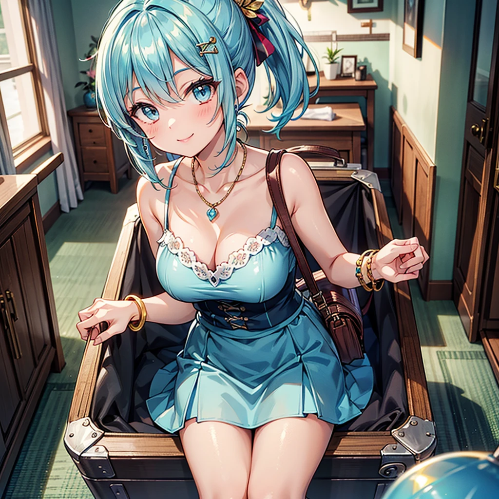 Anime Moe Art Style,Highest quality,High resolution,Anatomically correct,One Girl,-teegirl with light blue hair in a ponytail,Super detailed,Fantasy World,Sleeveless blouse,mini skirt,Big Breasts,Shiny skin,Beautiful Skin,A rich expression,smile,A room in an inn,Taking luggage out of the bag and inspecting it,sit,Eyes drawn in detail,hair ornaments,necklace,bracelet,ring,8K