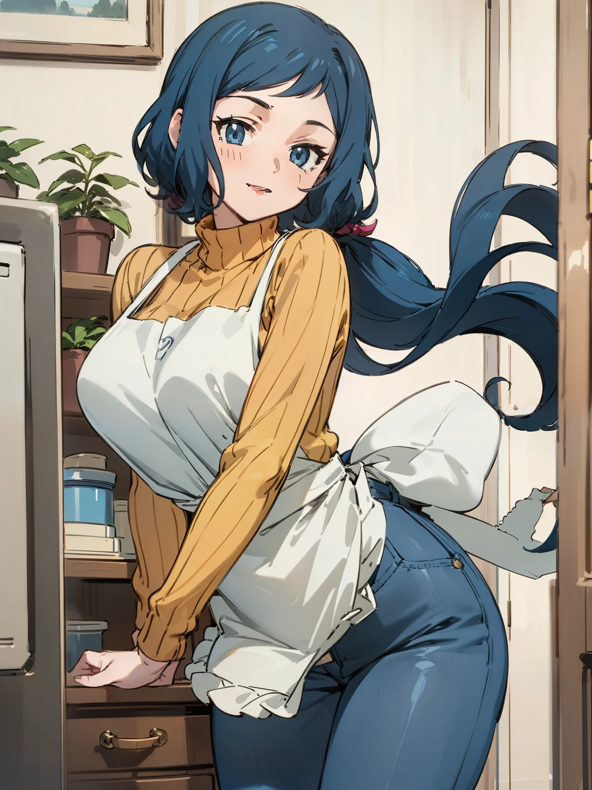 (Masterpiece), Best Quality, ultra-detailed, 1girl (rinko_iori, Slender and sexy body, big and pretty breasts, dark blue hair, long wave hair, blue eyes), smile,parted lips, facing viewer, looking at viewer, solo, yellow turtle neck sweater,  apron(black), denim pants, in the store, standing, Sexy waist teasing, a provocative pose 