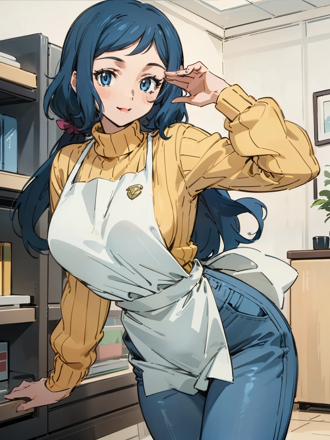 (Masterpiece), Best Quality, ultra-detailed, 1girl (rinko_iori, Slender and sexy body, big and pretty breasts, dark blue hair, long wave hair, blue eyes), smile,parted lips, facing viewer, looking at viewer, solo, yellow turtle neck sweater,  apron(black), denim pants, in the store, standing, Sexy waist teasing, a provocative pose 