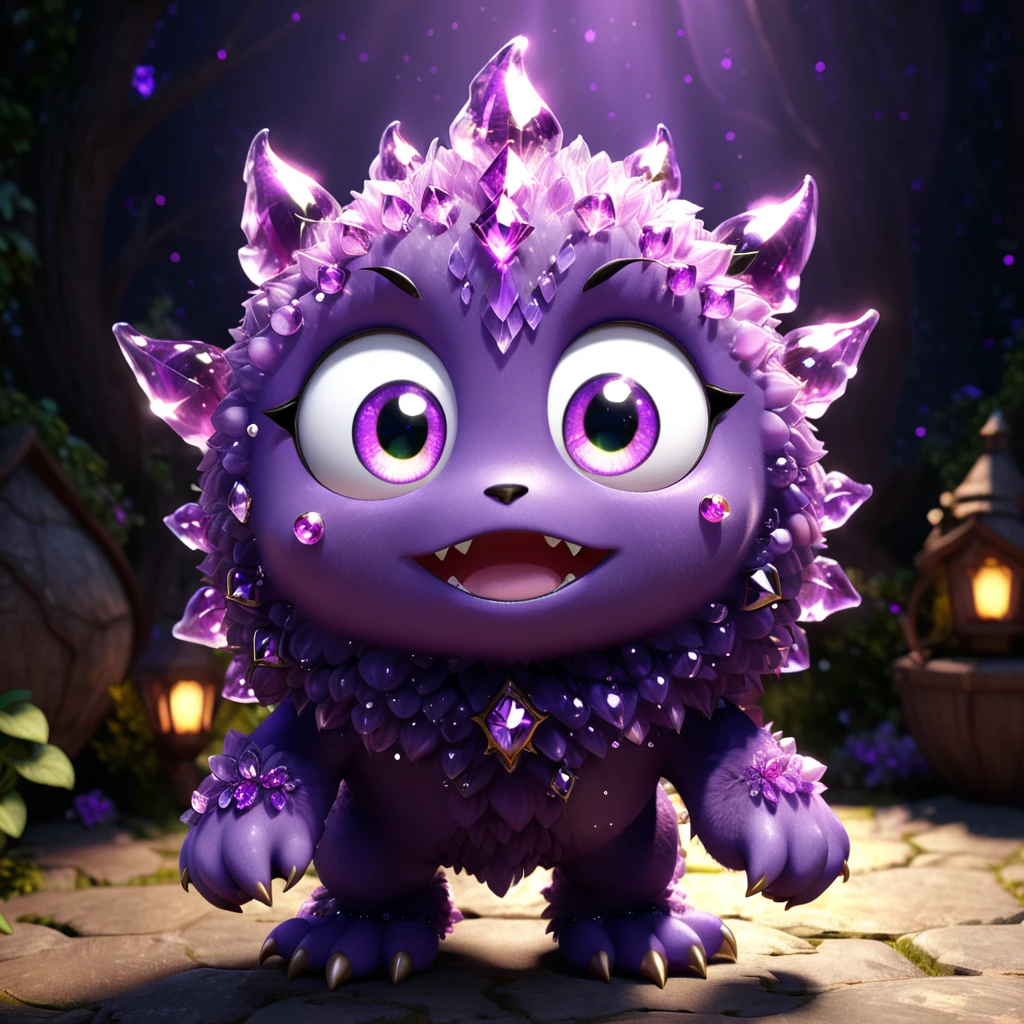 A cute amethyst monster with big sparkling eyes, showcasing a mysterious purple glow. This fascinating and magical gemstone character will intrigue children with its whimsical and enchanting charm. --ar 1:1 --v 6.0 --3D render
